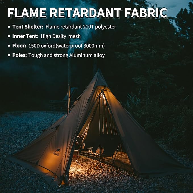 Naturehike Ranch Fire 4 Season Teepee Tent, 2 Person Hot Tent with Stove Jack, Windproof Waterproof Cold Weather Winter Tents for Camping