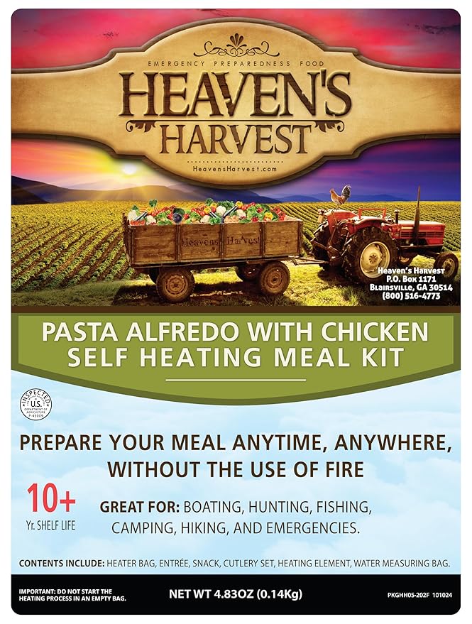 Heaven's Harvest Self-Heating Emergency Meal Kit (10 Year Shelf Life) — Tastier than MRE Meals & Ready-To-Eat in Minutes! Just add water to activate the “cooking” process. (Pasta Alfredo) (Single)