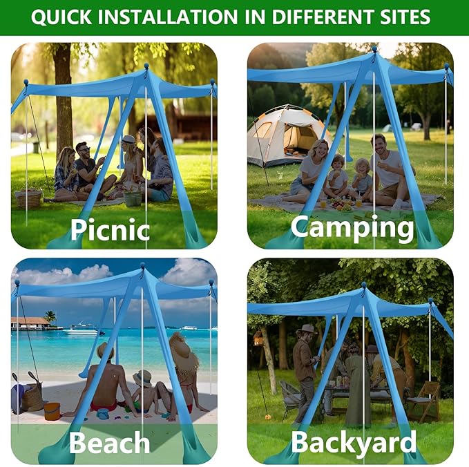 Beach Canopy Tent Sun Shade with 6 Sandbags, Beach Tent Sun Shelter UPF 50+ UV Protection, Poles and Ground Pegs and Anti-Wind Ropes for Outdoor, Camping, Backyard and Picnics