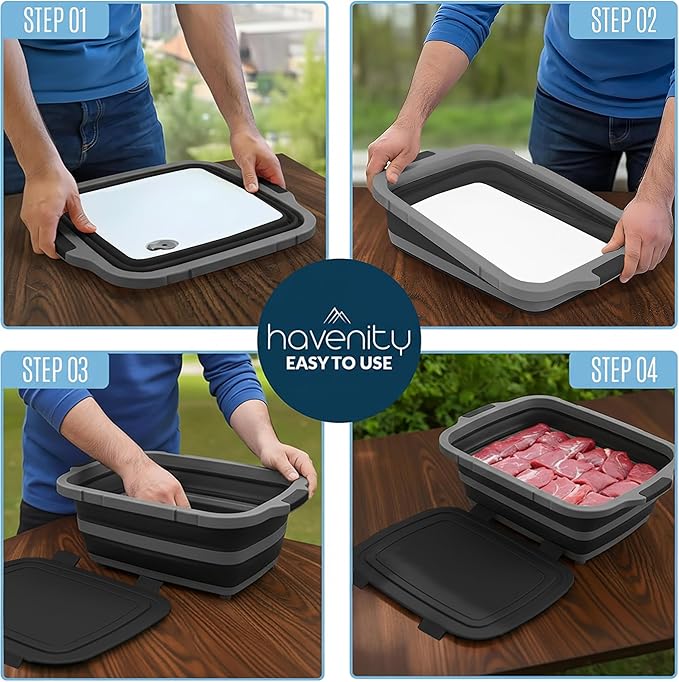 BBQ Prep Tub 16L - Multifunctional Collapsible Camping Cutting Board with Upgraded Locking lid, Meat Storage Container for Meal Prep, Dish Basin Bowl Perfect for Grilling, Outdoor Cooking XL