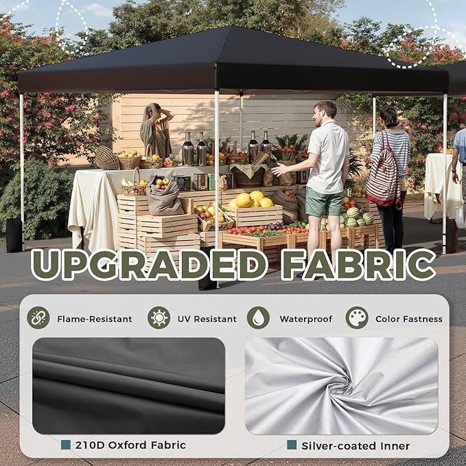 EROMMY 12x12 Pop Up Tent, Easy to Set Up Canopy Tent, Outdoor Canopy for Events, Camping, Parties with Wheeled Bag, 4 Ropes, 4 Sand Bags and 8 Spikes(Black)