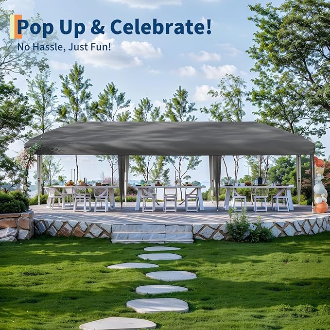 10x30 Pop Up Canopy with 8 SideWalls - Heavy Duty Outdoor Canopy Tent with Portable Roller Bag - 3 Adjustable Height, 4 Weight Bags, 8 Stakes & 6 Guy Ropes Included-Grey