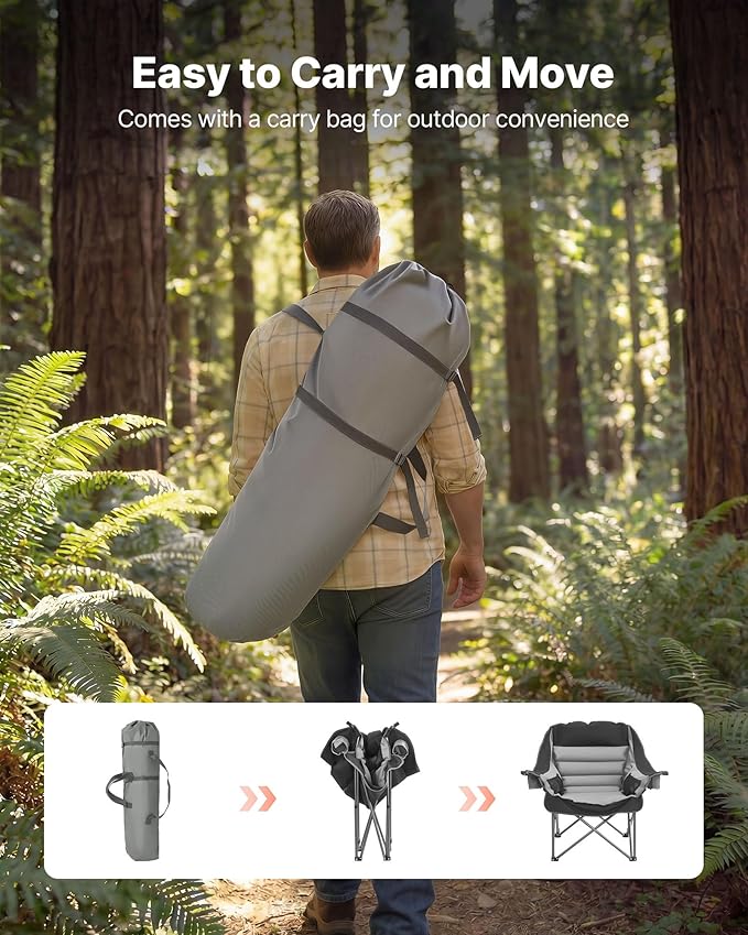 VEVOR Oversized Camping Chairs, 450 lbs Heavy Duty Support, Portable Padded Folding Camp Chairs with Dual Cup Holders & Wine Glass Holders, Carry Bag for Outdoor, Fishing, Black & Gray, 1 Pack