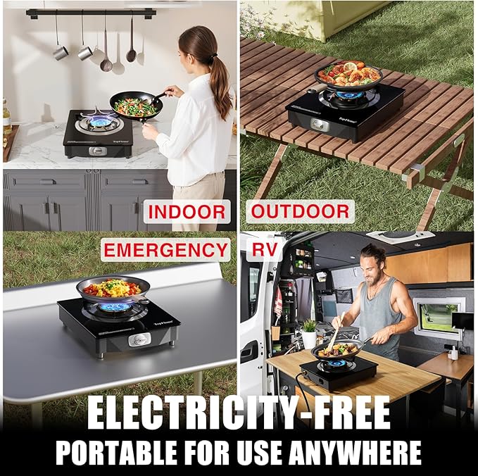 1 Burner Propane Stove 13,600 BTU High-Efficiency Tempered Glass Auto-Ignition Gas Burner Stove Top with CSA Hose for Outdoor RV Camping Emergency Cooking