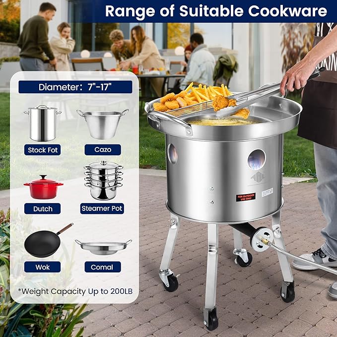 ARC Stainless Steel Single Propane Burner With 200,000BTU High-Output, Outdoor Stove Burner, Wheeled legs and 360° Windscreen, Ideal Outdoor Cooker Propane Burners For Turkey Fryer