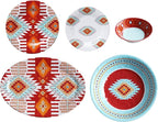 Paseo Road Southwest 14 Piece Melamine Plastic Dinnerware Set with Plates, Bowls and Serving Platter, Aztec Geometric Pattern, Western Southwestern Rustic Cabin Lodge Style