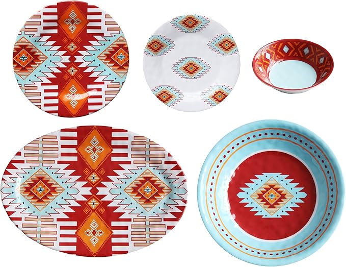 Paseo Road Southwest 14 Piece Melamine Plastic Dinnerware Set with Plates, Bowls and Serving Platter, Aztec Geometric Pattern, Western Southwestern Rustic Cabin Lodge Style