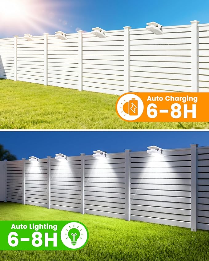 Clip on Solar Lights for Fence, 3 Modes Solar Motion Lights Outdoor Waterproof, 60LEDs 500LM Portable Security Light for Fence, Deck, Garage, Camping, USB Charging, 2 White