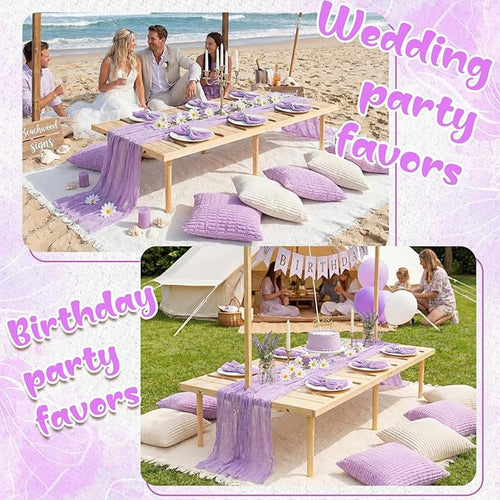 91 x 71 Extra Large Outdoor Boho Picnic Blanket with Purple Table Runner, 6 Throw Pillow Covers 6 Napkins Woven Cotton Yarn Oversize Beach Blanket Washable Picnic Camp Wedding