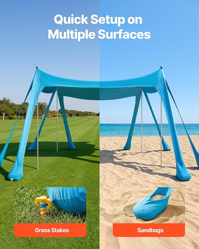 VEVOR Beach Tent Sun Shelter, UPF50+ Sun Protection, 6.6 ft Tall, 10 x 10 ft, Easy Pop Up Beach Canopy with Sandbags, Stability Poles, Sand Shovels, Portable Shade for Family, Camping, Fishing, Blue