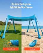 VEVOR Beach Tent Sun Shelter, UPF50+ Sun Protection, 6.6 ft Tall, 10 x 10 ft, Easy Pop Up Beach Canopy with Sandbags, Stability Poles, Sand Shovels, Portable Shade for Family, Camping, Fishing, Blue