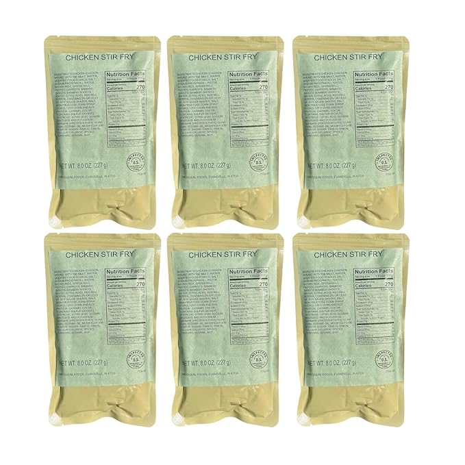 MRE (Meal-Ready-to-Eat) | Single Serving Entree | Emergency Meals | Survival Food | Fresh Dates | Long Shelf Life | Made in USA (6-Pack, Chicken Stir Fry)