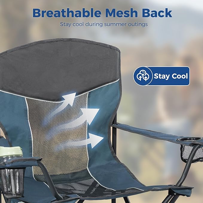 Outdoor Camping Chair 2-Pack with Mesh Back, Folding Portable Lawn Chairs with Cup Holder & Side Storage Pocket for Camping, Beach, Picnic, Fishing(Blue)