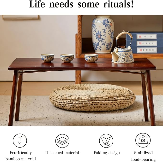 Japanese Floor Table No Assembly Required Bamboo Folding Walnut Coffee Table Bedroom 26x15.8x11.8in Furniture Low Tea Table for Sitting on The Floor Chestnut Large