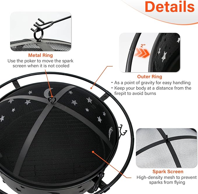 32 Inch Fire Pit Outdoor Fireplace, 2 in 1 Metal Round Firepit for Outside Bonfire Party, BBQ, Camping, Backyard, Patio, Garden, Picnic w/Fire Poker, Spark Screen, Grate, Cover (Moon&Star)