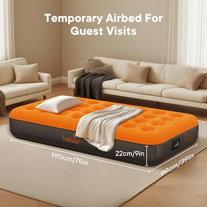 Air Mattress Twin with Built-in Rechargeable Pump 9'' Camping Inflatable Mattress Portable Blow up Mattress Air Bed Guest Bed for Home Outdoors Hiking Travel