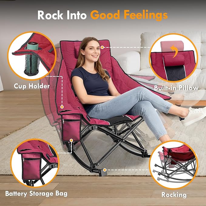 Slendor Oversized Heated Camping Chair with 2000mAh Battery, Padded & Pillow Heated Rocking Chair, 3 Adjustable Heat Settings Camping Rocker Chair for Easy Setup and Foldable Storage