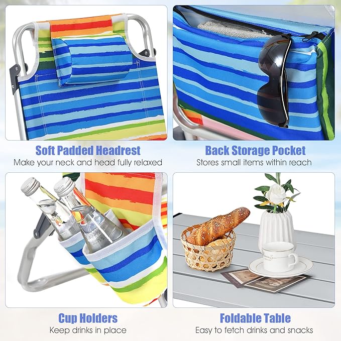 Tangkula Backpack Beach Chair with Table, 5-Position Lay Flat Beach Chairs with Cooler Bag, 2 Cup Holders, Towel Bar, Lightweight Low Folding Beach Chair with Backpack Straps