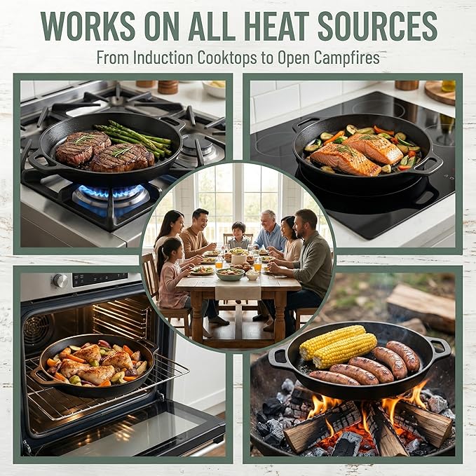 12" Nonstick Cast Iron Griddle Pan -Comals Para Tortillas, Dishwasher Safe&Pre-Seasoned Round Skillet with Handles for Stove Top, Oven, Grill & Camping –Versatile Flat Top for Pancakes&Meats