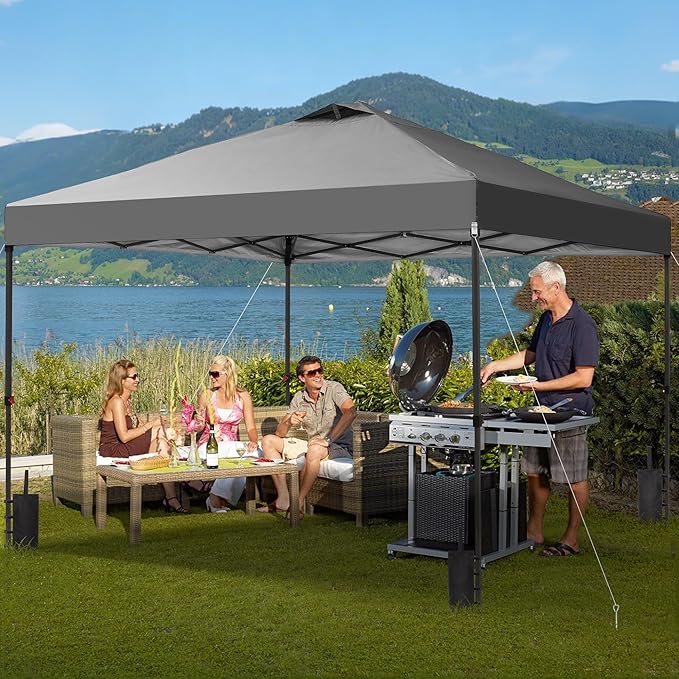 GDY 12x12 Pop Up Canopy Patio Carpas, One Push Set up with Central Lock Canopy with Wheeled Carry Bag, Included 4 Sandbaogs,8 Stakes and 4 Ropes, Gray