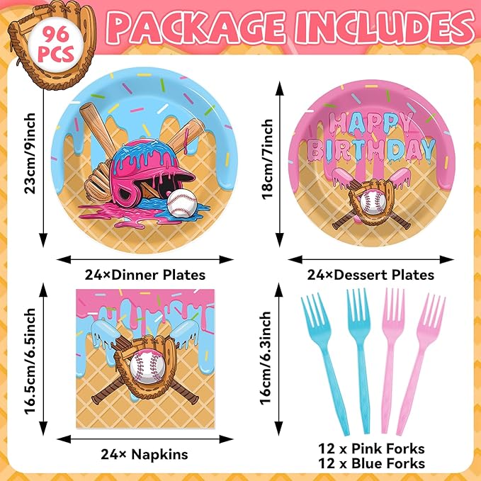 96 Pcs Ice Cream Drip Baseball Party Supplies Baseball Ice Cream Drip Party Plates and Napkins Sport Theme Tableware Dinnerware Set for Team Gift Sport Birthday Camping Baby Shower Parties Favors