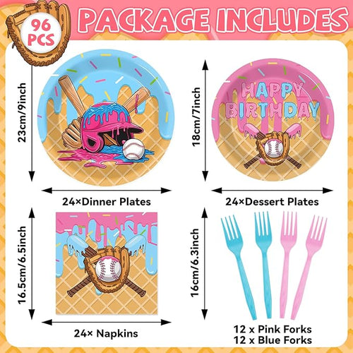 96 Pcs Ice Cream Drip Baseball Party Supplies Baseball Ice Cream Drip Party Plates and Napkins Sport Theme Tableware Dinnerware Set for Team Gift Sport Birthday Camping Baby Shower Parties Favors