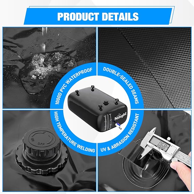 Nilight 87Gal/330L Water Storage Bladder RV Potable Water Bladder Tank Camping 1000D PVC Foldable Collapsible Storage Containers for RV,Carrier,Camping, Agricultural Irrigation,Garden Watering, Black