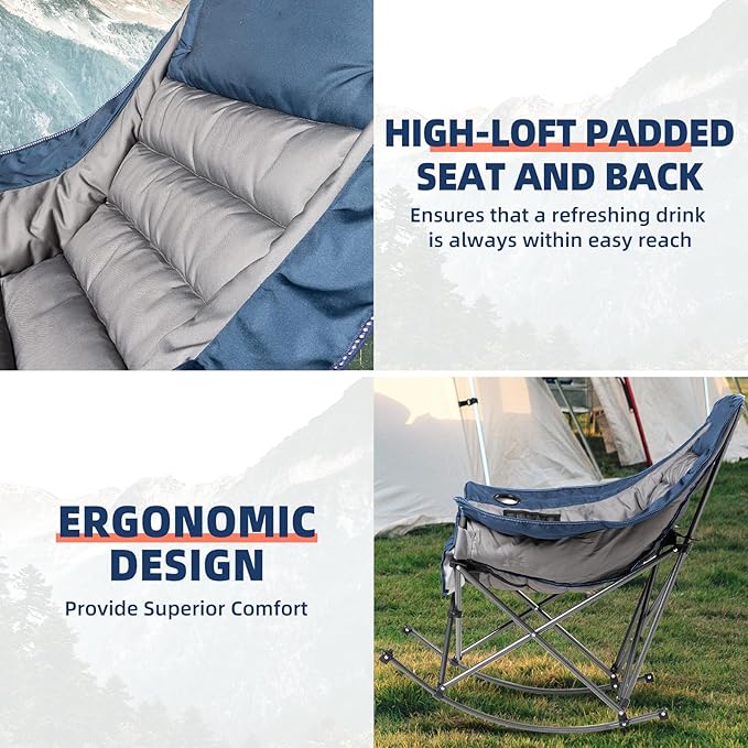 Oversized Rocking Camping Chair for Adults - 400lbs Capacity Padded Camp Chair with Cup Holder, Portable Foldable Outdoor Rocker Chair for Camping, Backyard, Patio (Blue & Gray)
