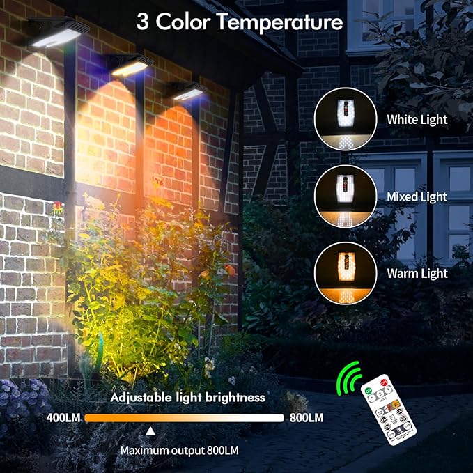 Clip On Solar Motion Lights Outdoor Waterproof, 800LM, 70 LED, 3 Color Temperature, USB & Remote Control, 4 Pack Portable Solar Powered Light Outside for Gutters Fence Garage Camping