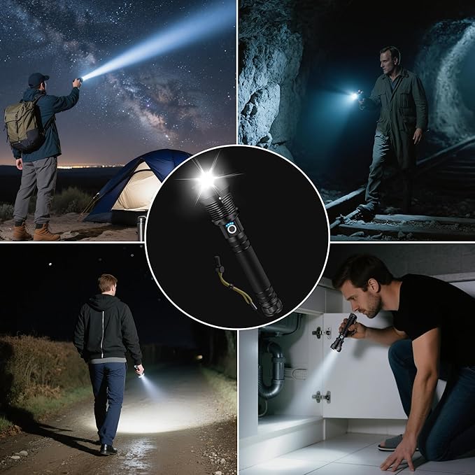 Rechargeable Flashlights High Lumens, Super Bright Tactical Flashlights with 5 Modes & Waterproof, Adjustable Focus Led Flash Lights for Home Camping Emergencies Hiking