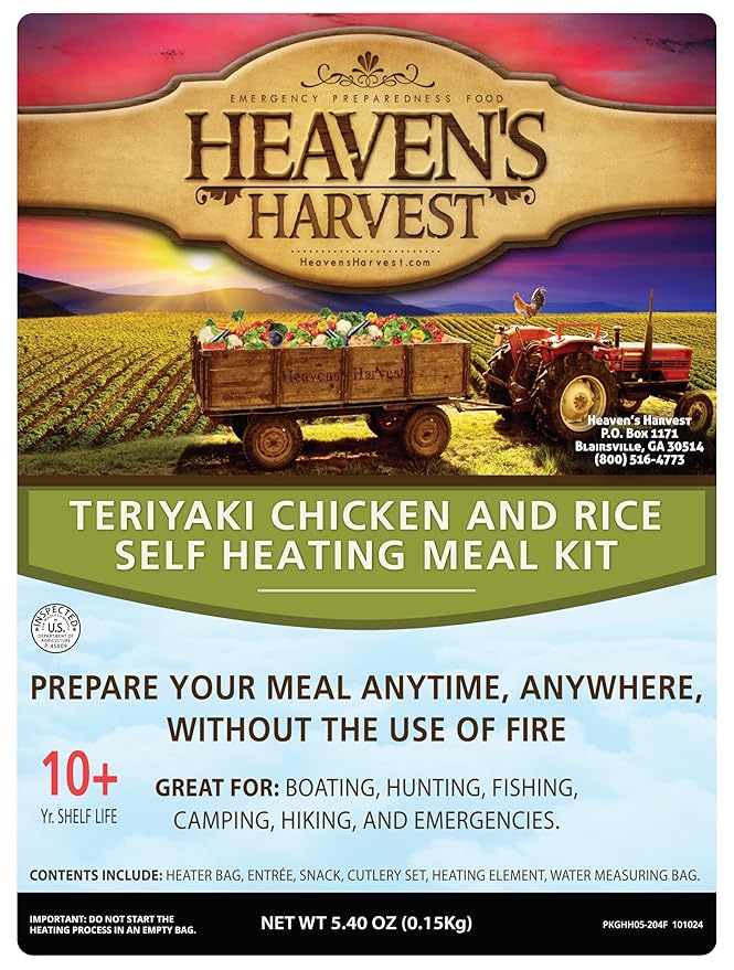 Heaven's Harvest Self-Heating Emergency Meal Kit (10 Year Shelf Life) — Tastier than MRE Meals & Ready-To-Eat in Minutes! Just add water to activate the “cooking” process. (Teriyaki Chicken) (Single)