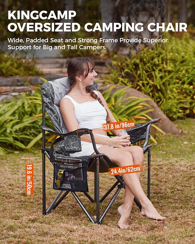 KingCamp Oversized Camping Folding Chair, Heavy Duty 450 LBS with Lumbar Support, Padded seat with Cup Holder&Cooler Bag, Ideal for Camp, Fishing, Sports Event, Backyard, Patio, Lawn (Lava Green)