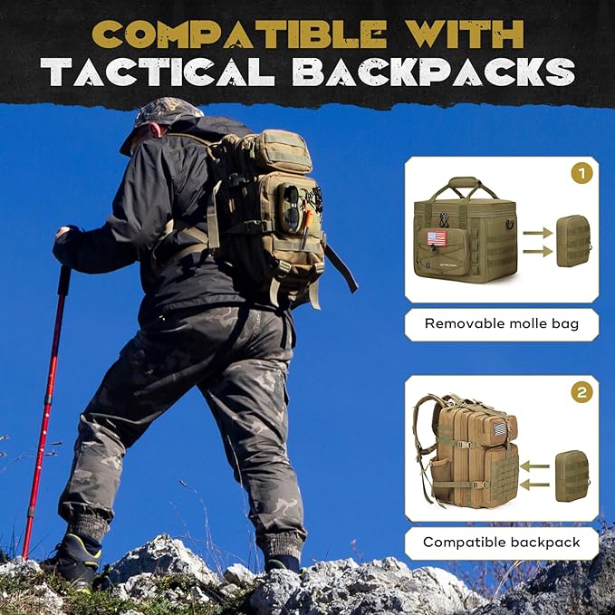 Maelstrom Tactical Lunch Box, Insulated Lunch Bag for Men, Large Durable Leakproof Cooler Bag with Detachable MOLLE Bags, Modern Lunch Tote for Adult Women Work,Picnic,20 Cans/15 L, Khaki