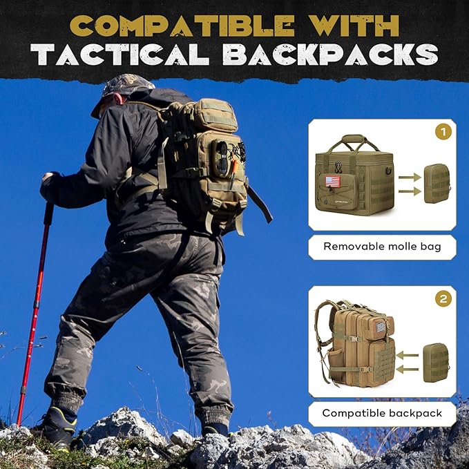 Maelstrom Large Tactical Lunch Box for Men,Insulated Lunch Bag, Leakproof Soft Cooler Bags with Detachable MOLLE Bag,Durable Lunch Tote for Adult Women Work,Picnic,30 Cans/20 L, Khaki