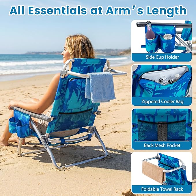Goplus Beach Chair, Folding Backpack Beach Chairs for Adults with 5 Positions, Head Pillow, Cooler Bag, Towel Bar, Cup Holders, Sunbath Sling Tanning Lounge, Foldable Layout Camping Chairs