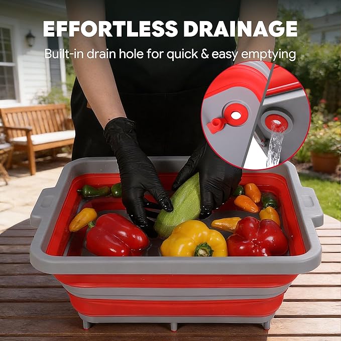 9-IN-1 Collapsible BBQ Prep Tub with Cutting Board, Portable Grill Prep Station with Side Brackets, Lids, Knives, Meat Claws and Drain Rack, Space-Saving for Kitchen, RV, Camping, Red