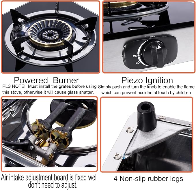 Hothit Portable 2 Burner Propane Stove Gas Cooktop, 28600 BTU Tempered Glass Auto Ignition for Outdoor Kitchen, Camping, RV, Small Apartment