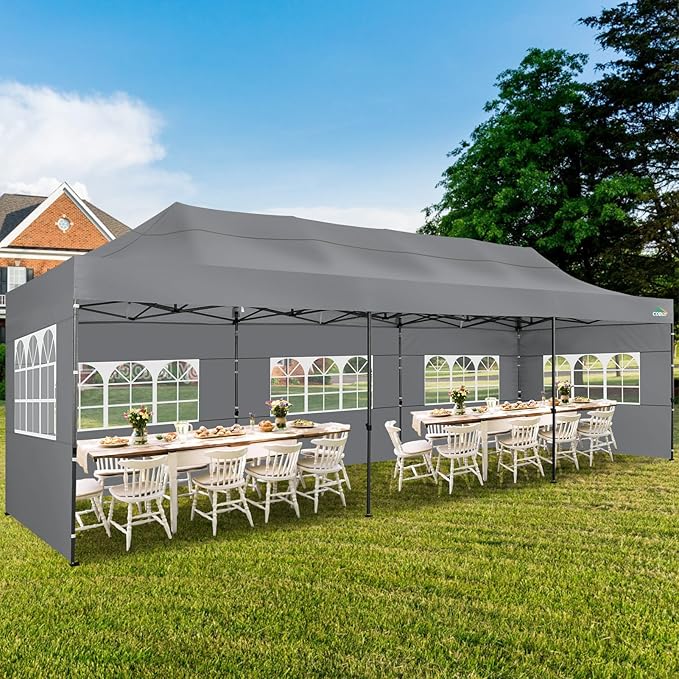 COBIZI 10x30 Pop up Canopy Tent 10x30 Canopy with Sidewalls, Heavy Duty Party Tent Tents for Parties, Foldable UPF 50+ Waterproof Commercial Easy up Canopy with Roller Bag, Grey(Windproof Upgraded)