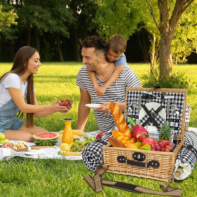 Picnic Basket for 2 with Blanket, Willow Picnic Basket Set with Shoulder Strap&Wine Pouch, Large Willow Hamper with Insulated Cooler for Outdoor, Camping, Beach, Couples, Wedding Gift