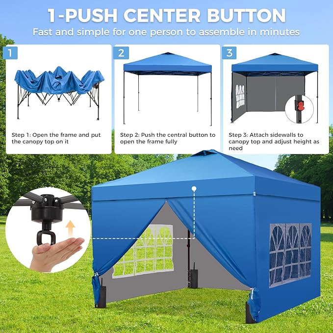 12x12 FT Pop Up Canopy, Instant Canopy Tent with 1-Button Push, 4 Removable Sidewalls, Sandbags, Wheeled Bag for Outdoor Activities & Events