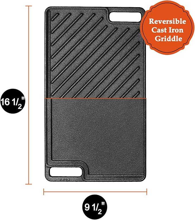 1-Piece 16.50 Inch Cast Iron Griddle Plate | Reversible Pre-Seasoned Cast Iron Grill Pan for Gas Stovetop | Double Sided Used on Open Fire & in Oven | Pre-Coated With Oil