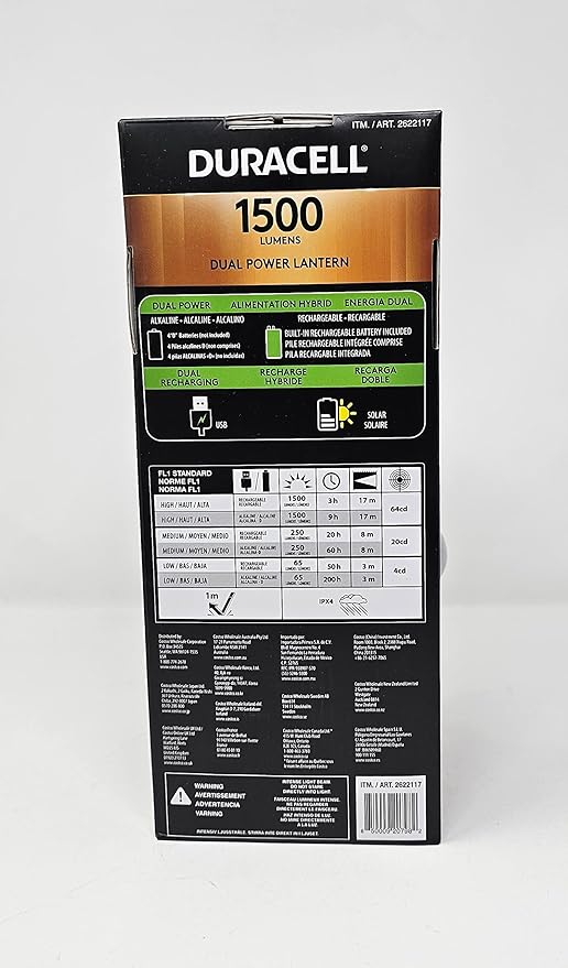 Duracell Dual Power Lantern 1500 Lumens with 5 Power Sources Available for Charging - 1 Lamp, Black