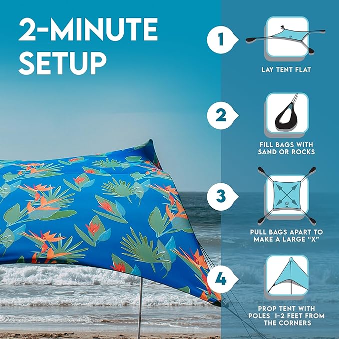 Neso Gigante Portable Beach Tent Sun Shelter - Lightweight Beach Shade Canopy - Easy Setup for Family Outings - Patented Reinforced Corners - UPF 50+ - 8ft Tall, 11 x 11ft - Tropical Floral