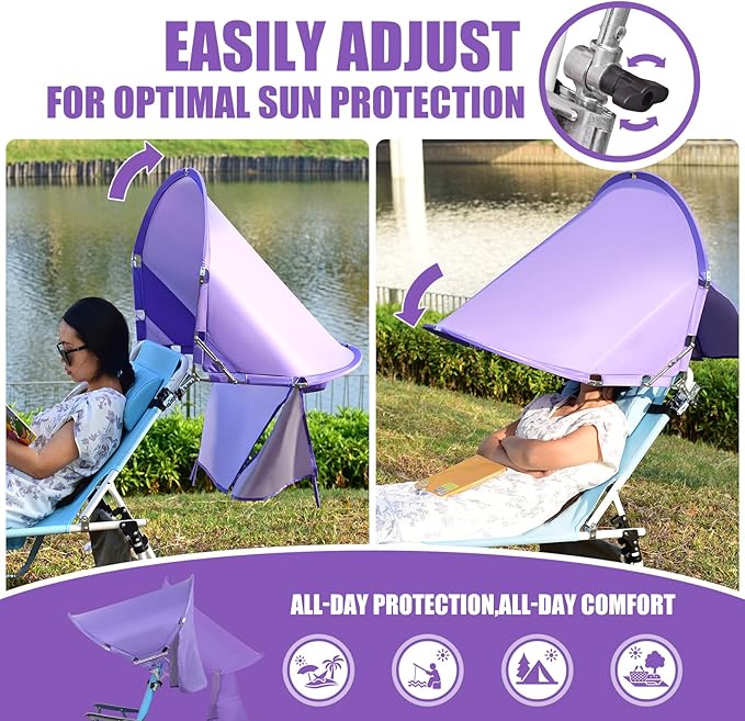 XL Universal Beach Chair Umbrella Canopy, UPF 50+ Chair Sun Shade Attachment with Adjustable Clamp for Camping, Lawn, Wheelchair, Tanning, Zero Gravity, Lounge, Outdoor Chairs, Oversized, 2 Pack