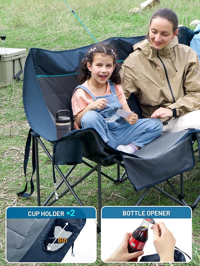 Timber Ridge Padded 3 Person Camping Chair with Cup Holders and Pockets, Outdoor Folding Loveseat Camping Chairs, 1050lbs Capacity Heavy Duty Camp Couch for Outside Picnic, Beach, Lawn, Sports, Blue