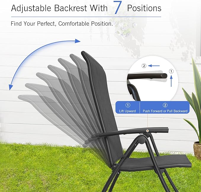 Domi Folding Patio Chairs Set of 2, Aluminium Frame Reclining Sling Lawn Chairs with Adjustable High Backrest, Patio Dining Chairs for Outdoor, Camping,Porch,Balcony(Textilene Fabric)