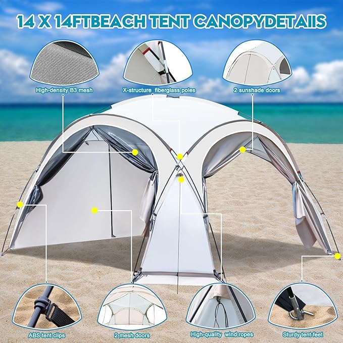 Large Beach Canopy Tent 14 X 14ft, UPF 50+ Pop Up Sun Shelter for 8-10 Person, Portable Beach Sun Shade with Side Walls for Camping, Fishing, Backyard, Fishing, Parties, Picnics