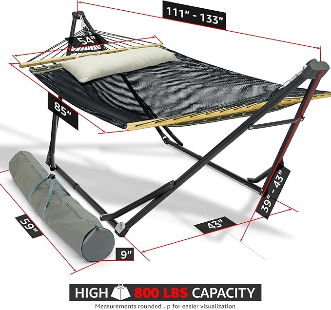 Tranquillo Unity Adjustable Hammock Stand, 800 lbs Capacity Steel Double Hammock Stand for 2 Persons, Premium Pre-Assembled Stand for Indoor Outdoor, Black