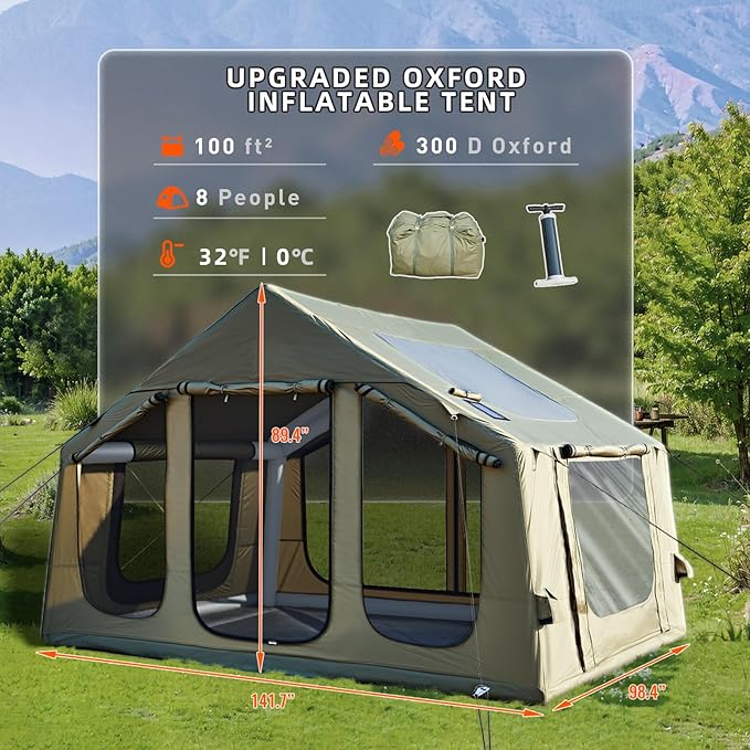YOLENY 2-4 Person Inflatable Tents for Camping, Quick Setup in 2 Minutes with Hand Pump, 4-Season Waterproof Windproof Oxford Blow Up Tent