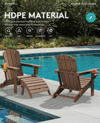 SERWALL Folding Adirondack Chair, Dual Cup Holders & All-Weather HDPE, Wood-Like Patio Chair for Backyard, Camping，Pool & Fire Pit- Brown
